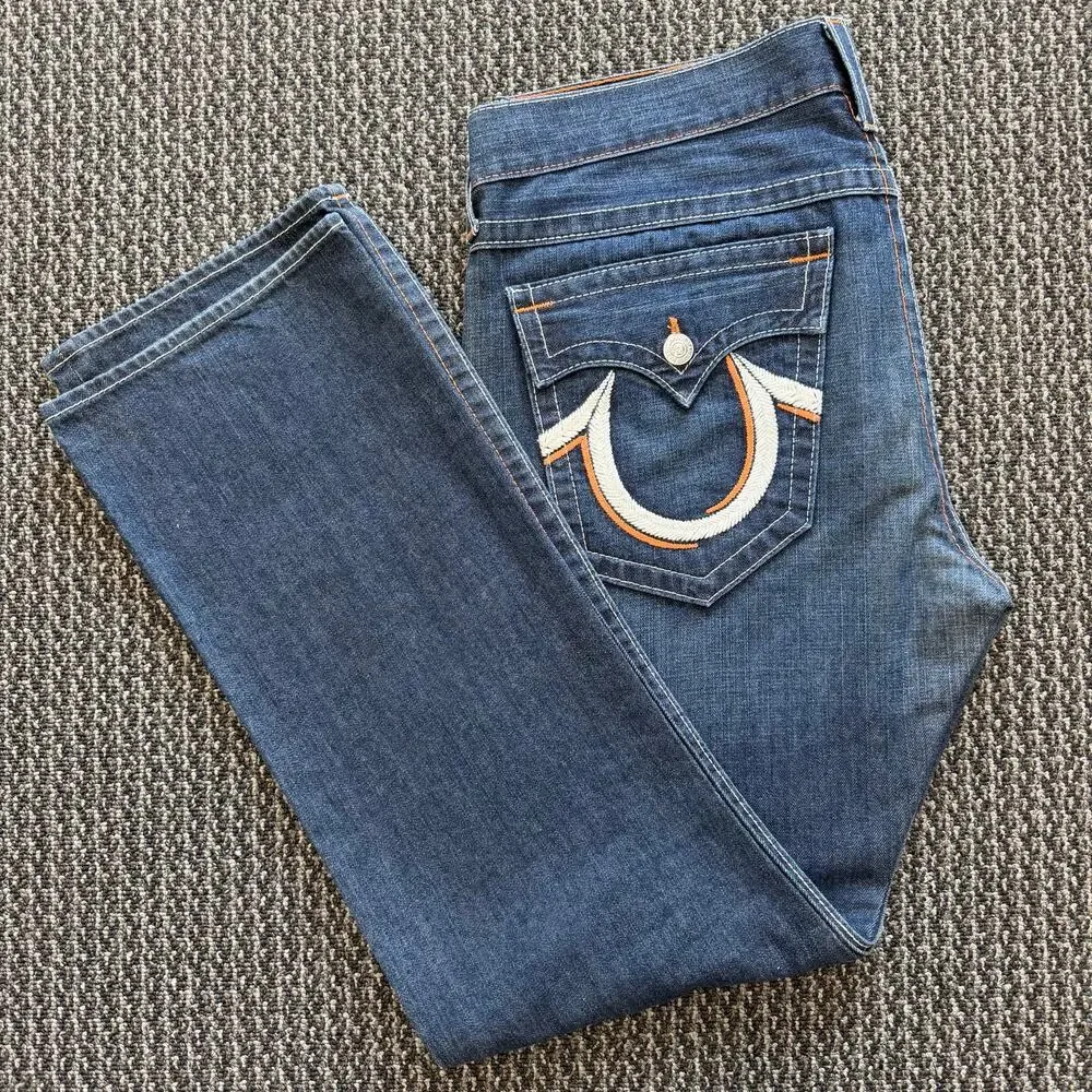 True Religion Straight Jeans Mens Dark Wash Relaxed Straight Flap Pocket 38x33